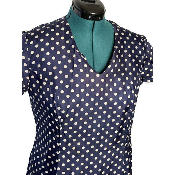 Vintage 1960s Navy Blue Polka Dot Sheath Dress with Metal Zipper – Size 20 - Picture 4 of 16